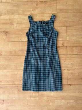 Vintage Jodi Kristopher Blue Plaid Pencil Dress Square Neck 90s Academia 3/4